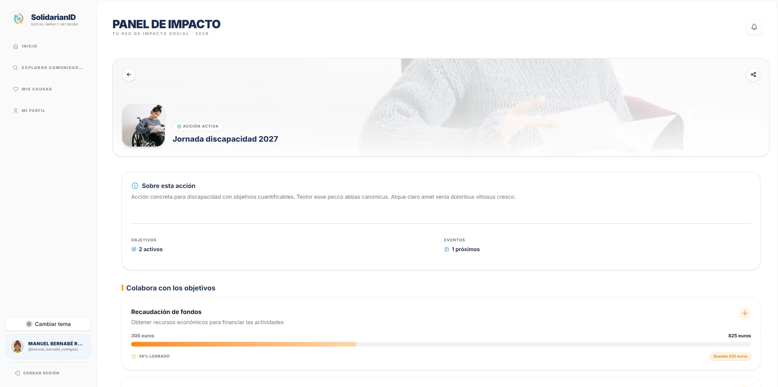 Detalle de una acción solidaria con su descripción, el resumen de objetivos y eventos y el progreso de un objetivo de recaudación.