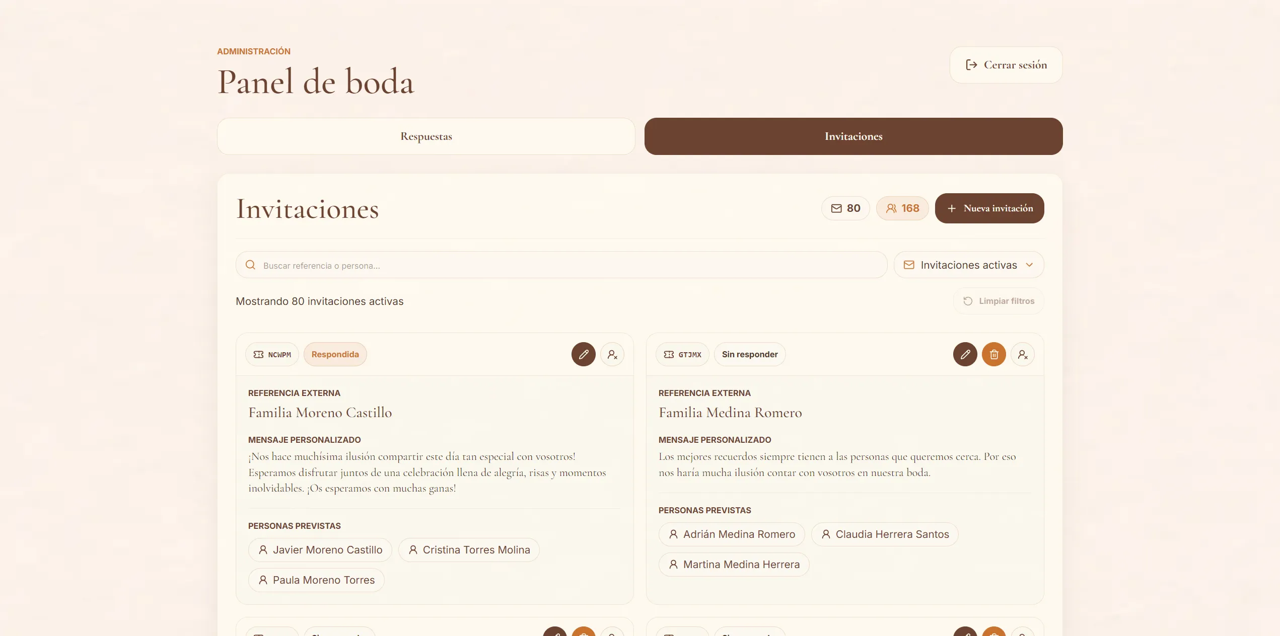 Panel de invitaciones con búsqueda, filtro de estado, recuentos y tarjetas de grupos invitados.