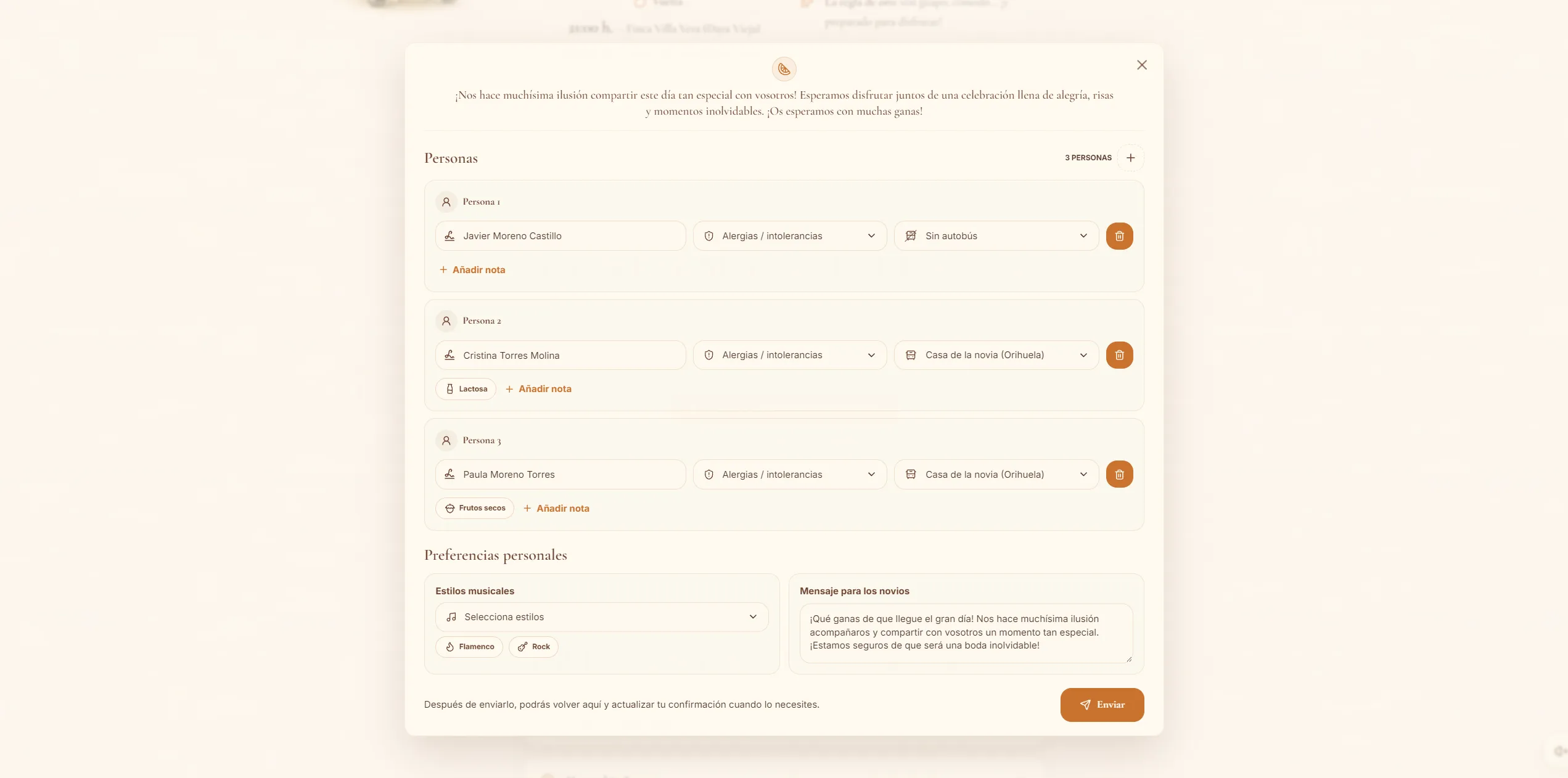 Formulario de asistencia con los integrantes de un grupo y sus opciones de transporte, alimentación y preferencias musicales.